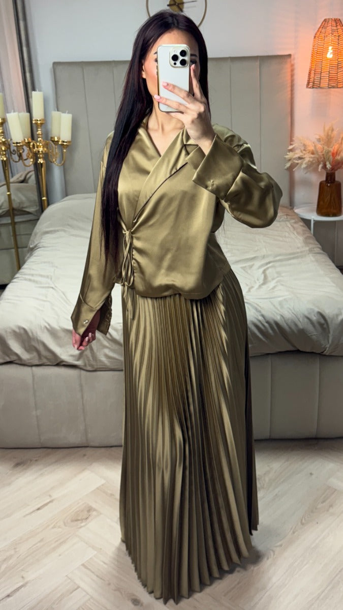 Satin Wrap Tie Belt Cardigan + Pleated Skirt