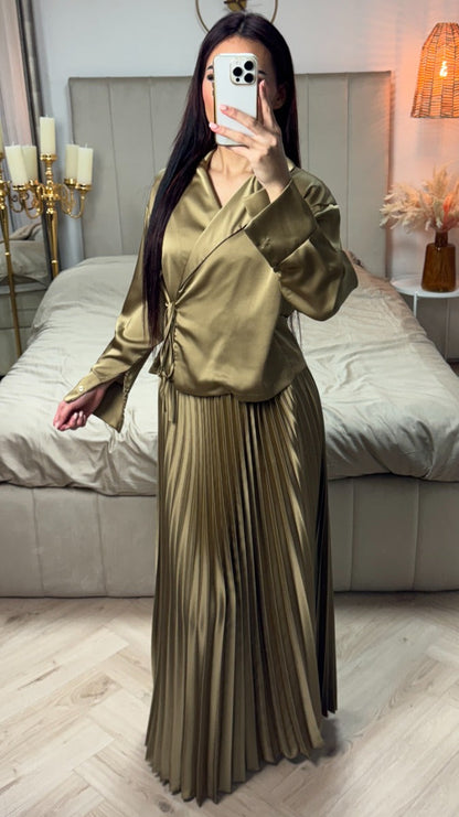 Satin Wrap Tie Belt Cardigan + Pleated Skirt