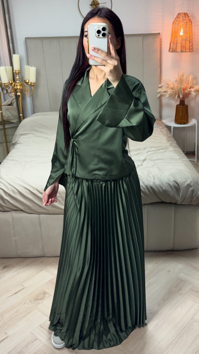 Satin Wrap Tie Belt Cardigan + Pleated Skirt