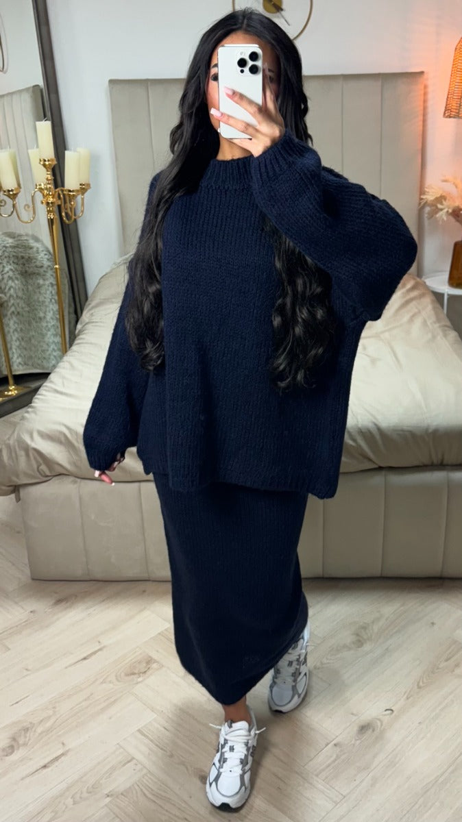 Seam Sleeve Detail High Neck Skirt Set