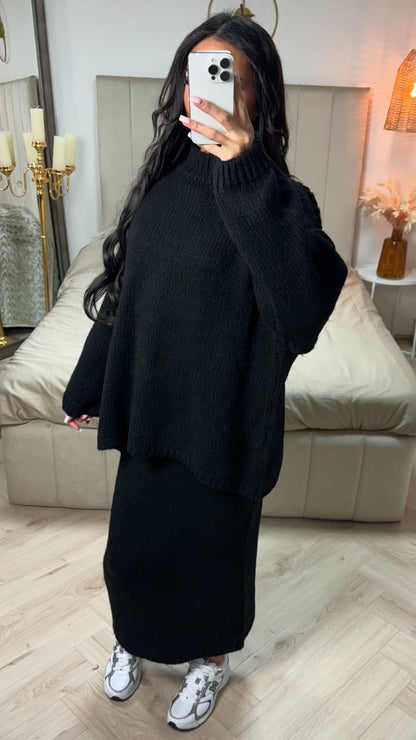 Seam Sleeve Detail High Neck Skirt Set