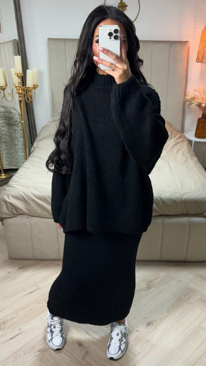 Seam Sleeve Detail High Neck Skirt Set