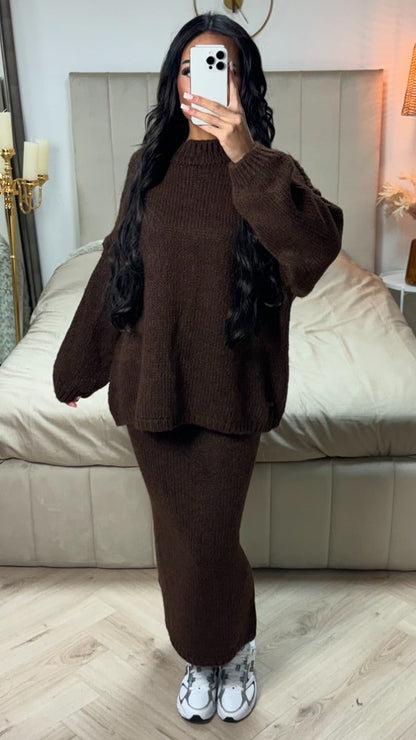 Seam Sleeve Detail High Neck Skirt Set