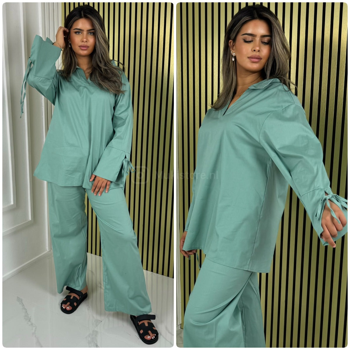 Two-Pieces Set V Neck Slit Sleeve Tie Detail + Wide Leg