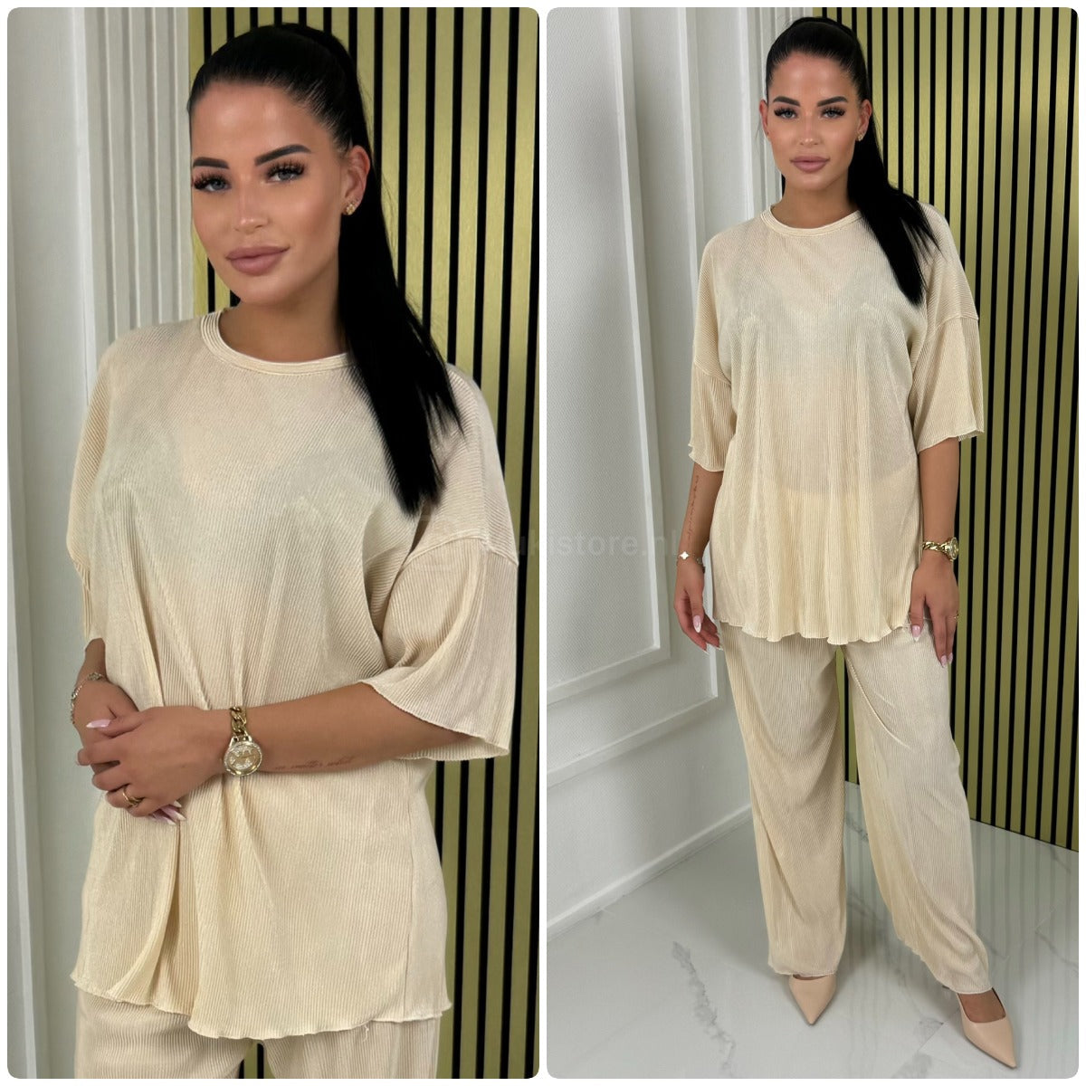 T-shirt Wide Leg Set Shiny Ribbed