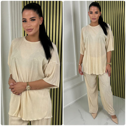 T-shirt Wide Leg Set Shiny Ribbed