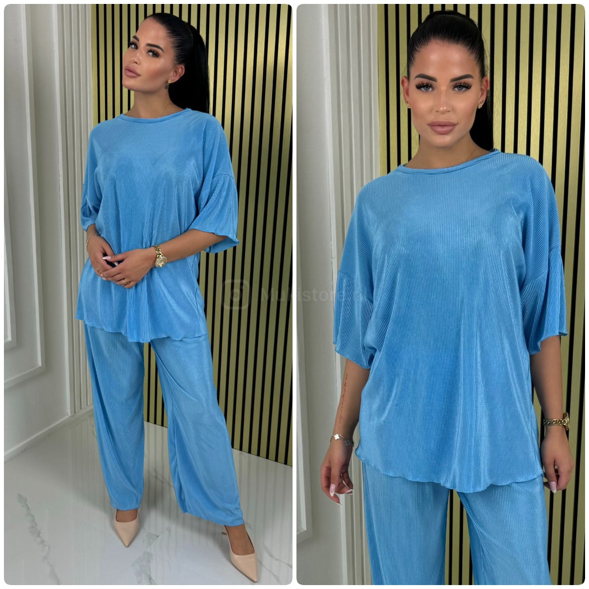 T-shirt Wide Leg Set Shiny Ribbed