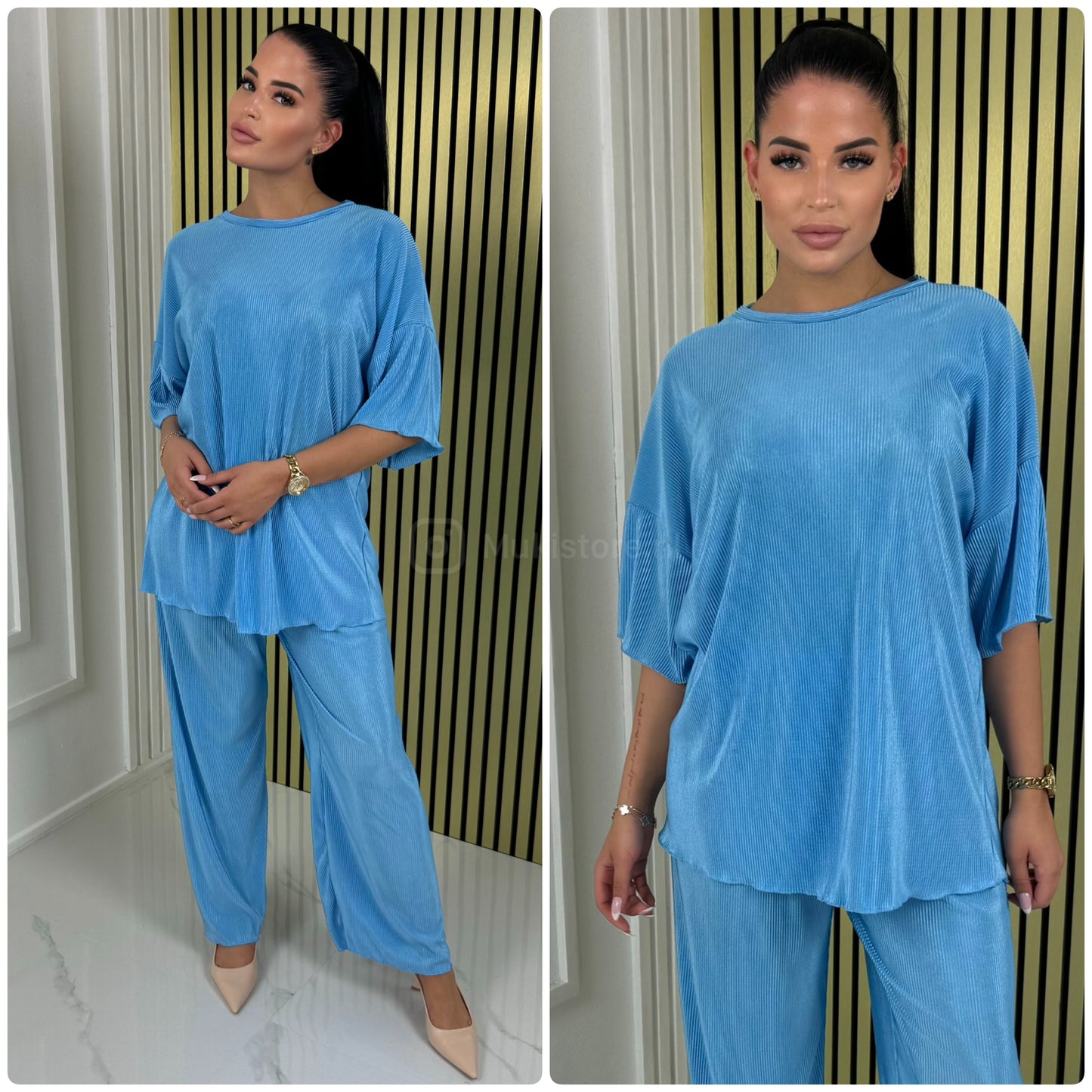 T-shirt Wide Leg Set Shiny Ribbed