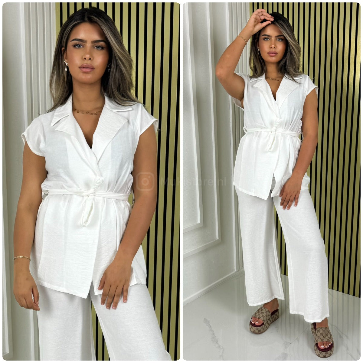 Tie Belt Sleeveless Wrap Basic Wide Leg Set