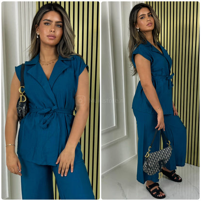 Tie Belt Sleeveless Wrap Basic Wide Leg Set