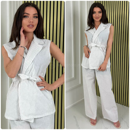 Sleeveless Linenstyle Tie Belt Blazer Set