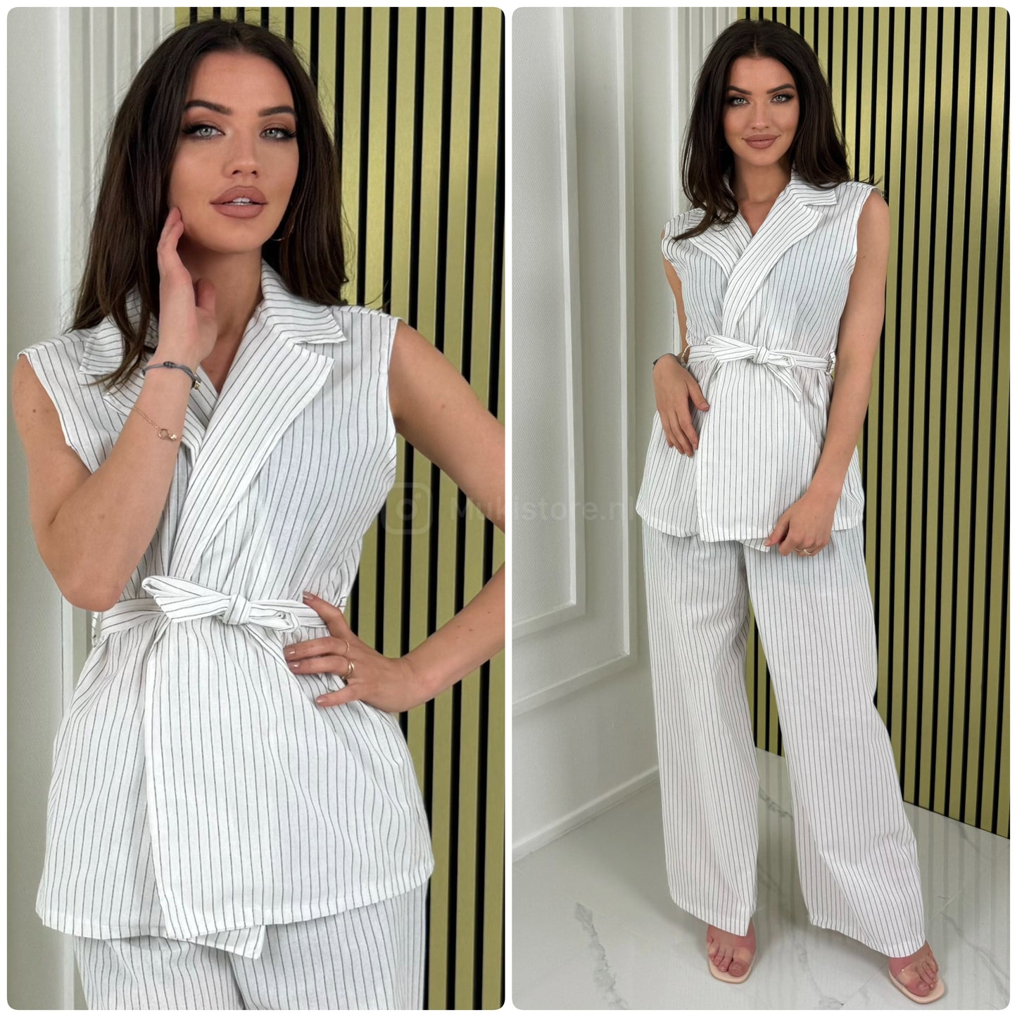 Sleeveless Linenstyle Tie Belt Blazer Set