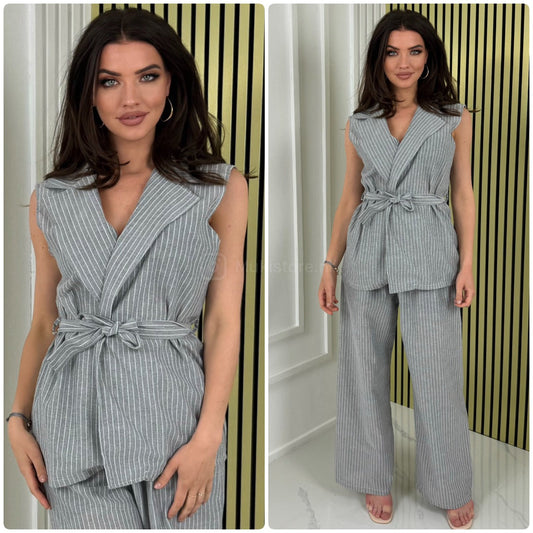 Sleeveless Linenstyle Tie Belt Blazer Set