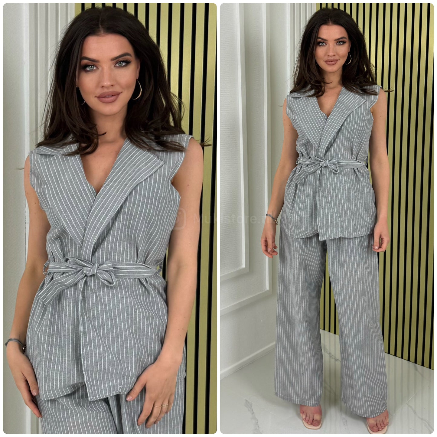 Sleeveless Linenstyle Tie Belt Blazer Set