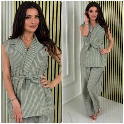 Sleeveless Linenstyle Tie Belt Blazer Set