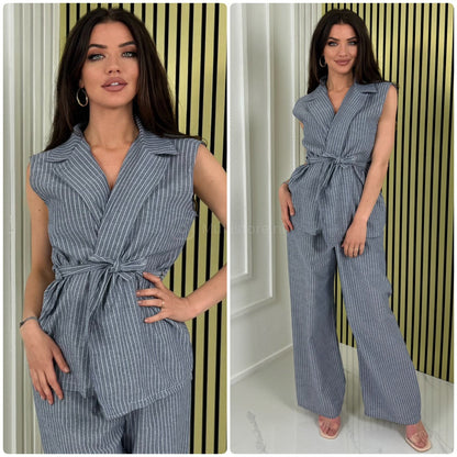 Sleeveless Linenstyle Tie Belt Blazer Set