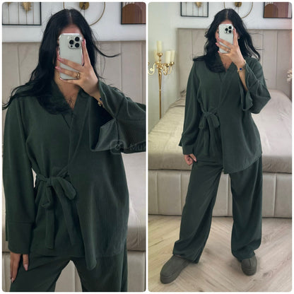 Slit Sleeve Tie Belt Cardigan Thick Ribbed Corduroy Set