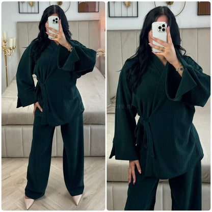 Slit Sleeve Tie Belt Cardigan Thick Ribbed Corduroy Set