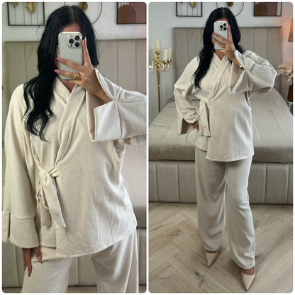 Slit Sleeve Tie Belt Cardigan Thick Ribbed Corduroy Set