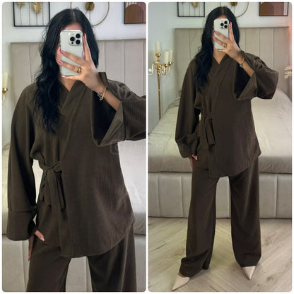 Slit Sleeve Tie Belt Cardigan Thick Ribbed Corduroy Set