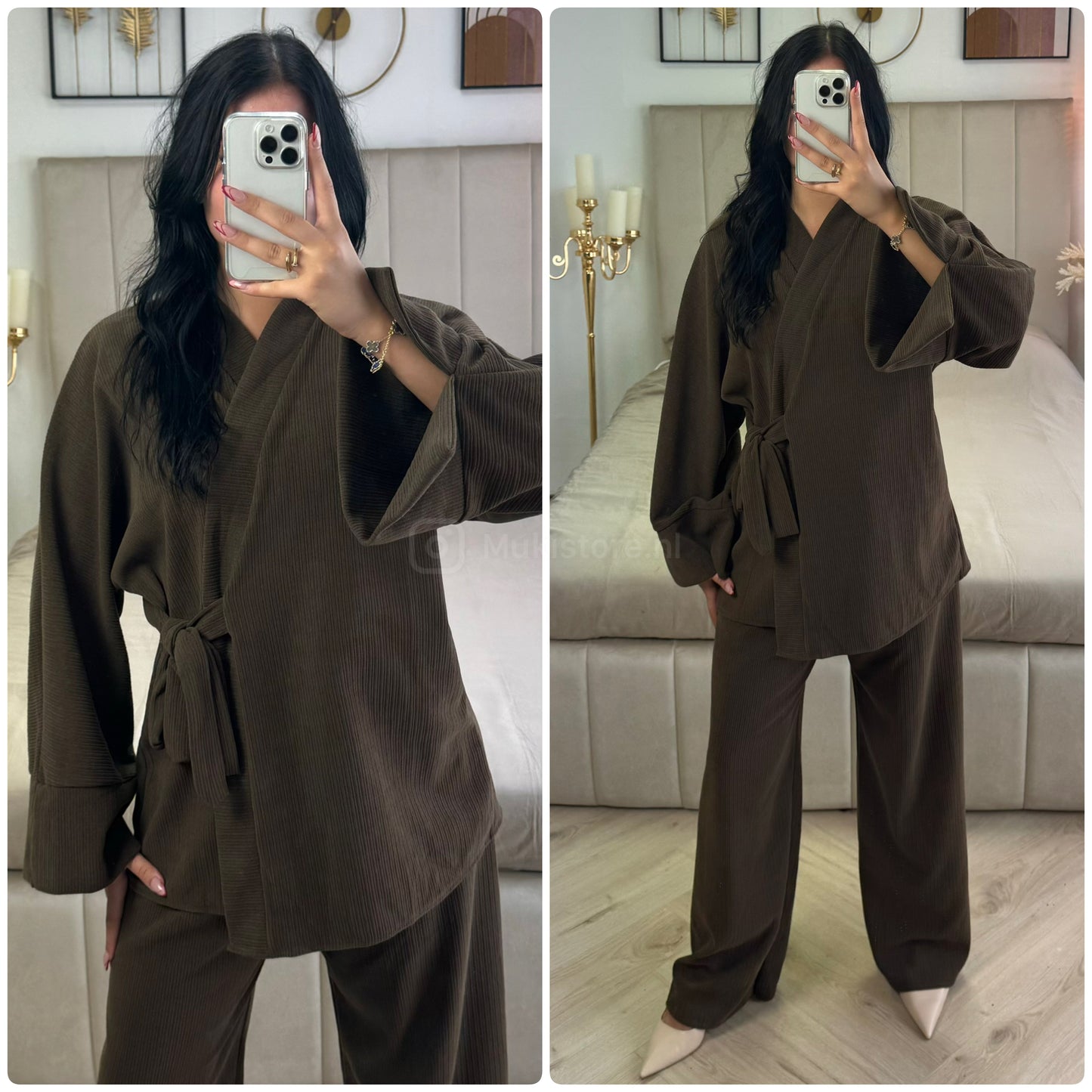 Slit Sleeve Tie Belt Cardigan Thick Ribbed Corduroy Set