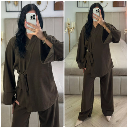 Slit Sleeve Tie Belt Cardigan Thick Ribbed Corduroy Set