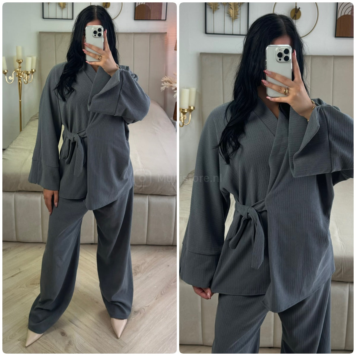 Slit Sleeve Tie Belt Cardigan Thick Ribbed Corduroy Set