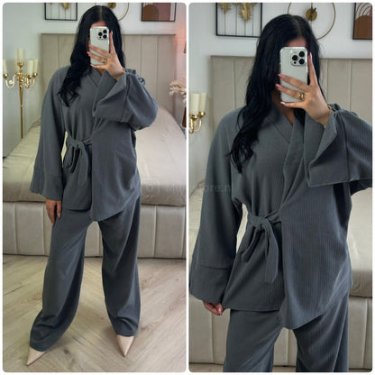 Slit Sleeve Tie Belt Cardigan Thick Ribbed Corduroy Set