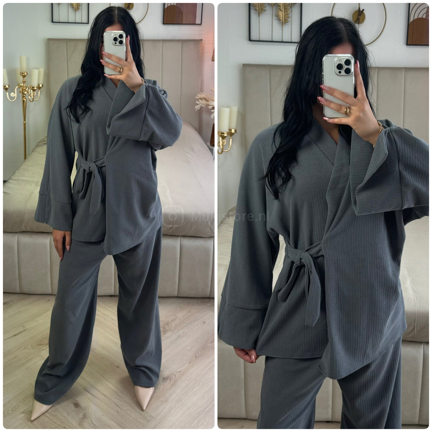 Slit Sleeve Tie Belt Cardigan Thick Ribbed Corduroy Set