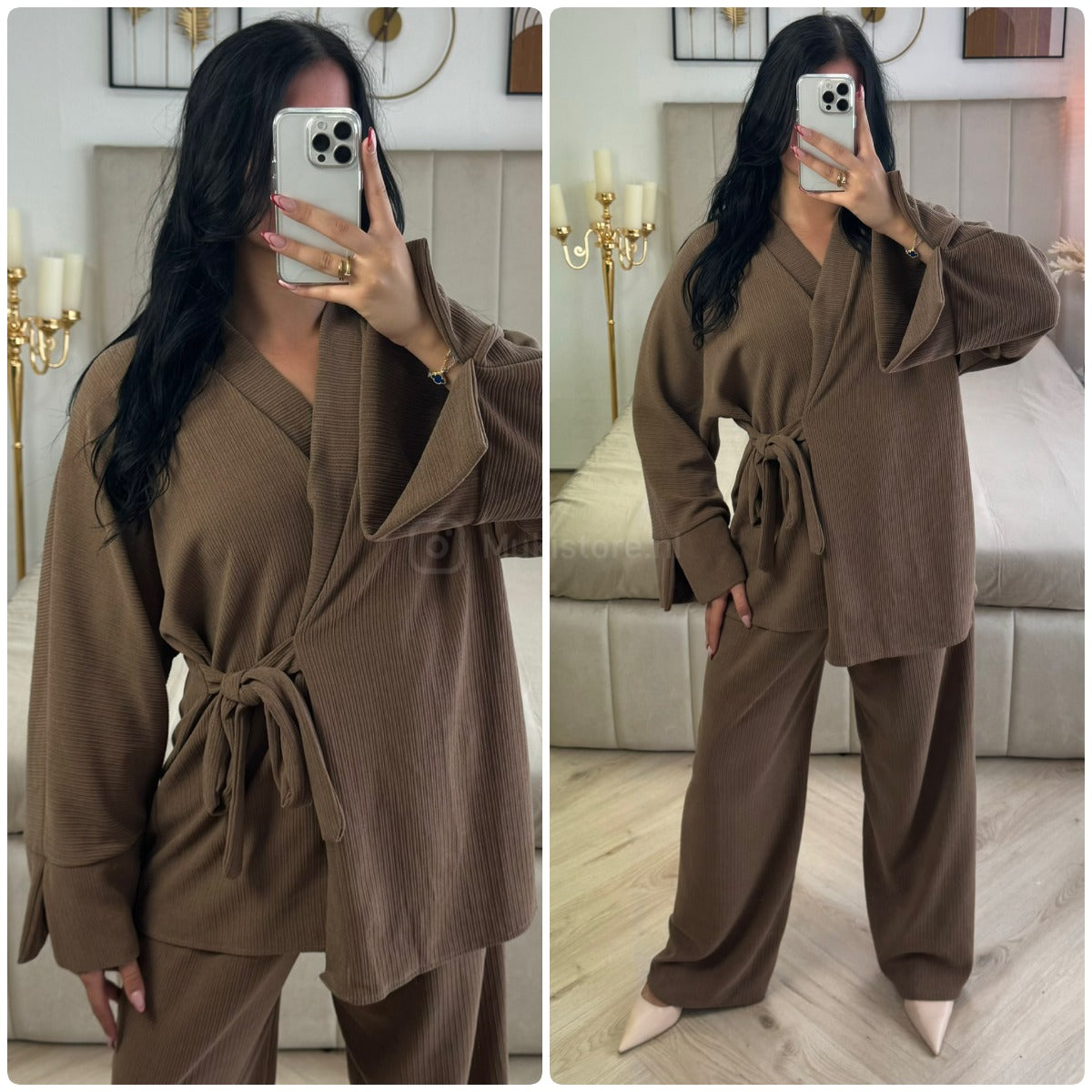 Slit Sleeve Tie Belt Cardigan Thick Ribbed Corduroy Set