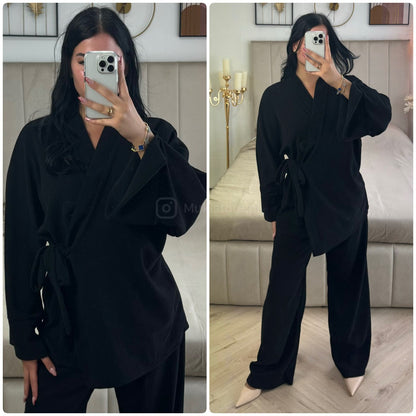 Slit Sleeve Tie Belt Cardigan Thick Ribbed Corduroy Set