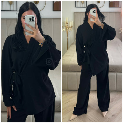 Slit Sleeve Tie Belt Cardigan Thick Ribbed Corduroy Set