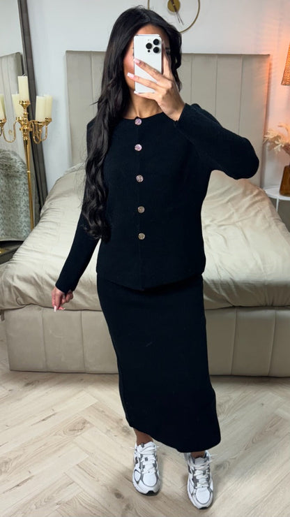 Soft Knitwear Golden Buttons Essential Skirt PBT Set