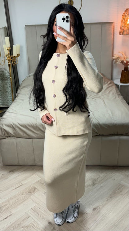 Soft Knitwear Golden Buttons Essential Skirt PBT Set