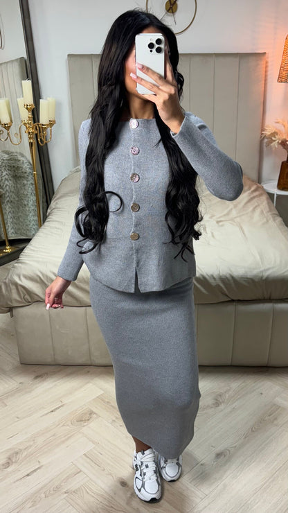 Soft Knitwear Golden Buttons Essential Skirt PBT Set