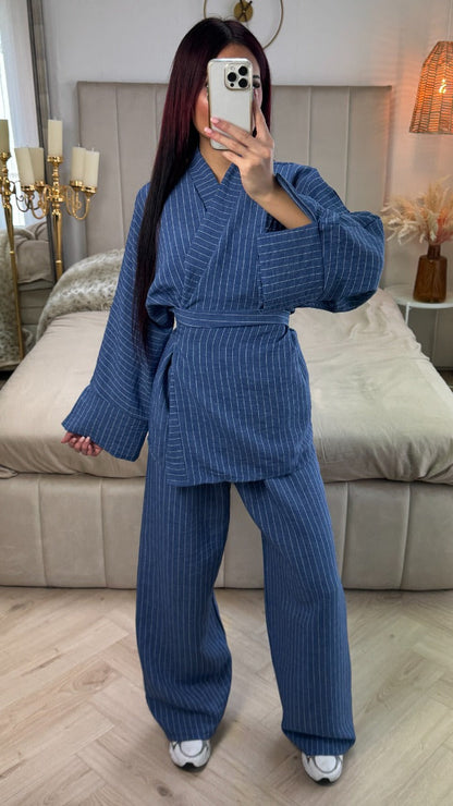 Striped Cardigan Tie Belt Set Split Detail