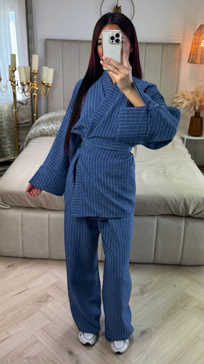 Striped Cardigan Tie Belt Set Split Detail