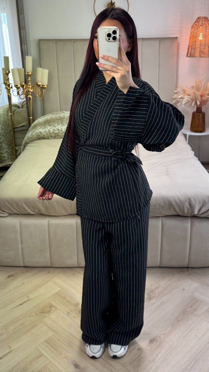 Striped Cardigan Tie Belt Set Split Detail