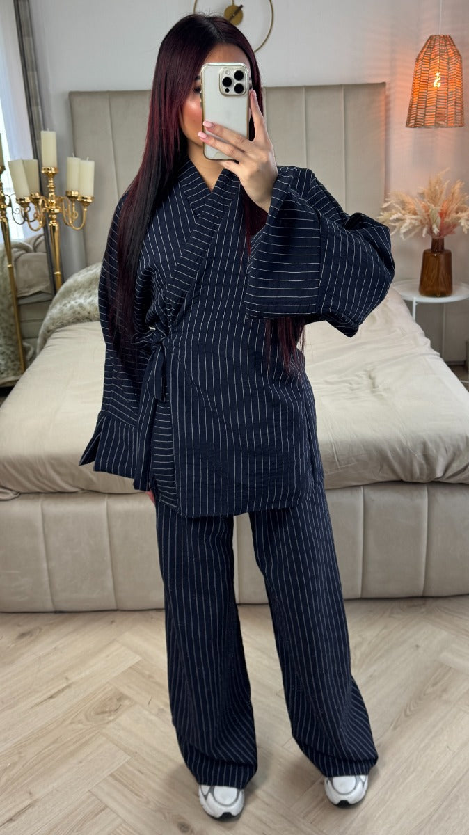 Striped Cardigan Tie Belt Set Split Detail