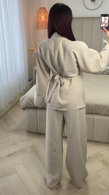 Striped Cardigan Tie Belt Set Split Detail