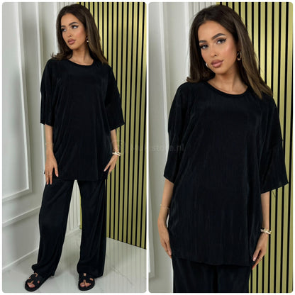 T-shirt Wide Leg Set Shiny Ribbed