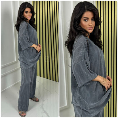 T-shirt Wide Leg Set Shiny Ribbed