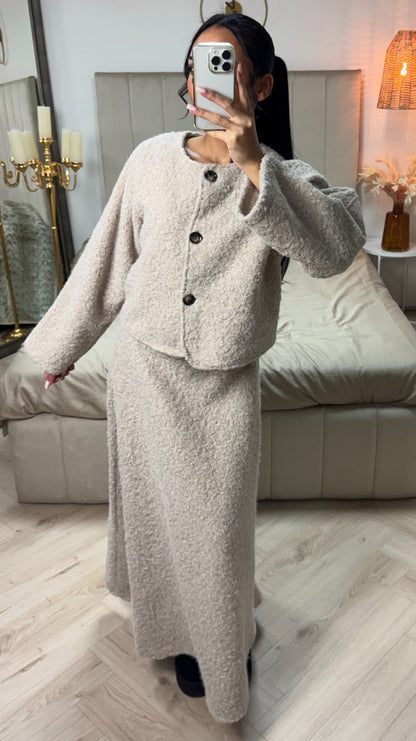 Teddy Coat + Skirt Set Brown Button Detail