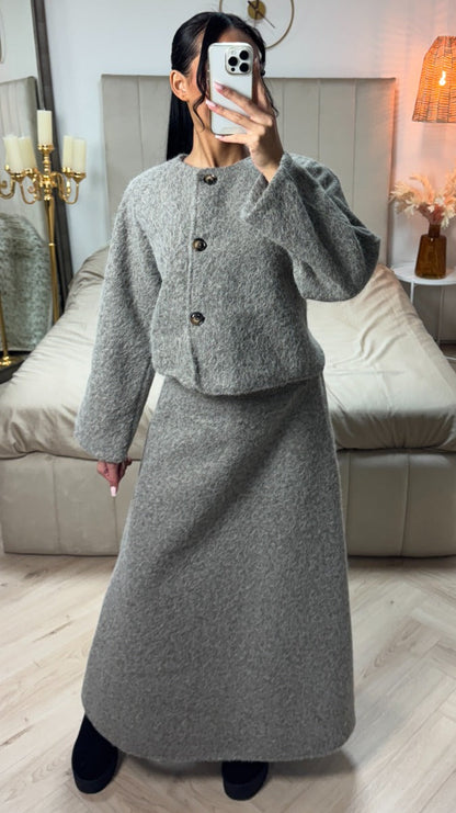 Teddy Coat + Skirt Set Brown Button Detail