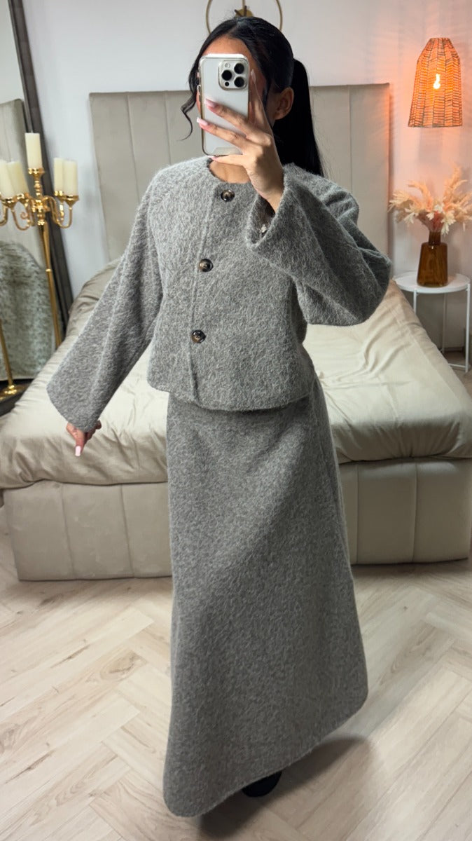 Teddy Coat + Skirt Set Brown Button Detail