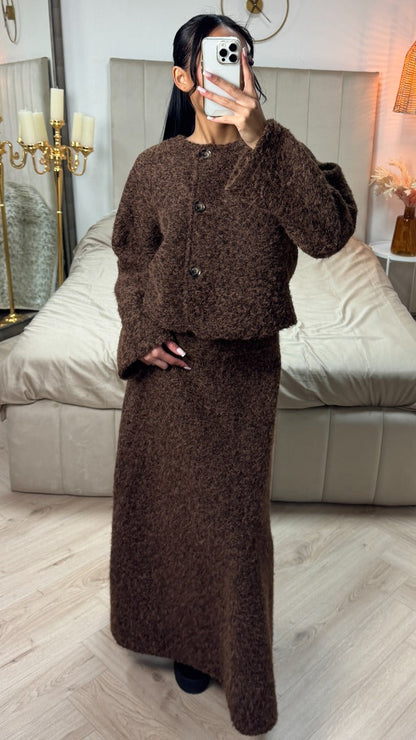 Teddy Coat + Skirt Set Brown Button Detail