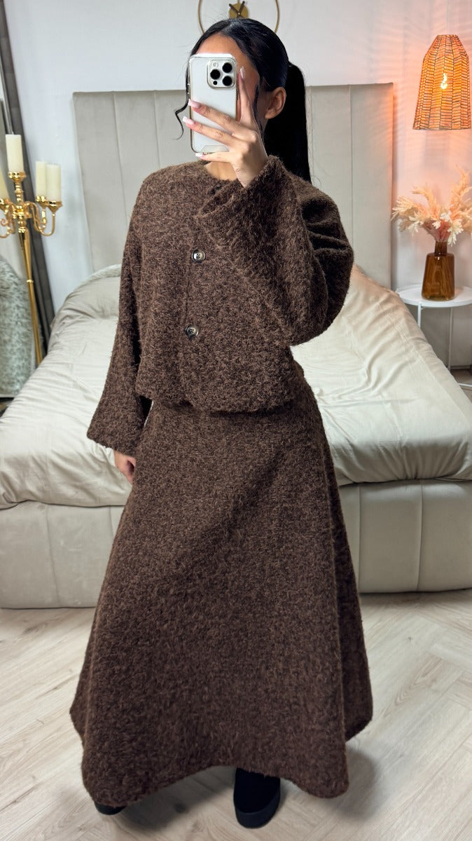 Teddy Coat + Skirt Set Brown Button Detail