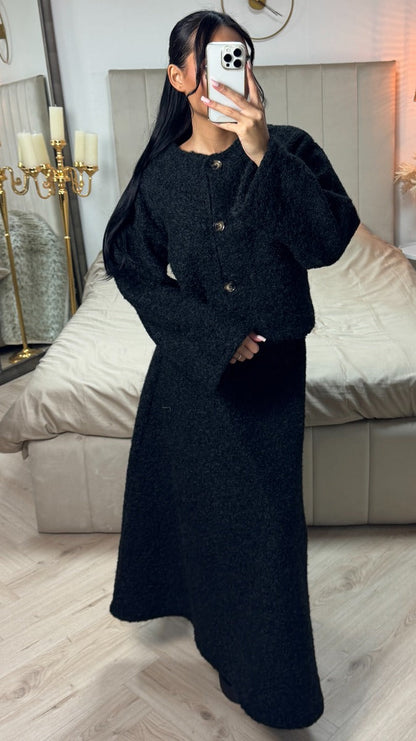 Teddy Coat + Skirt Set Brown Button Detail