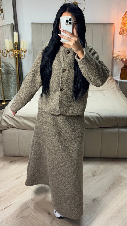 Teddy Coat + Skirt Set Three Buttons Detail