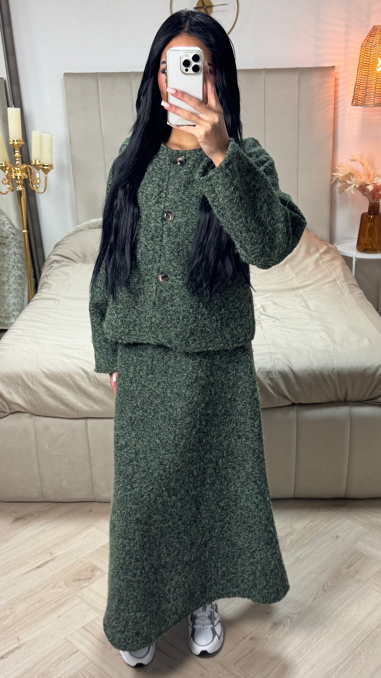 Teddy Coat + Skirt Set Three Buttons Detail